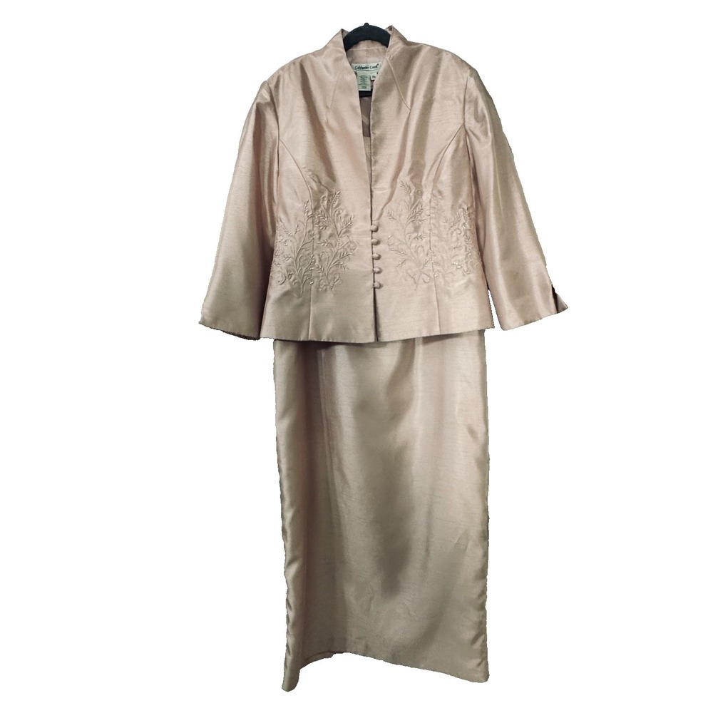 Coldwater Creek 2 Pc Rose Gold Shimmer Skirt Suit Embroidered Jacket Formal Dres
